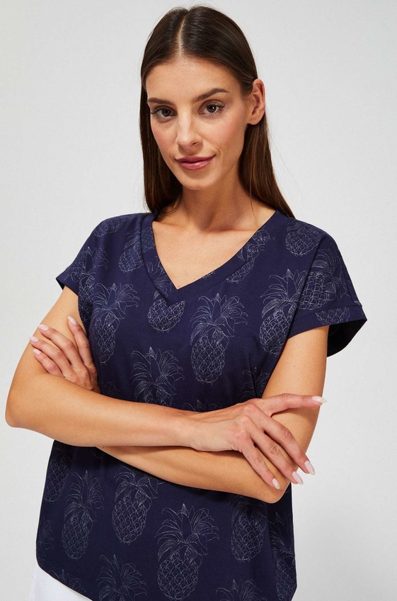 Granatowa bluzka Moodo.pl z bawełny z dekoltem w kształcie litery v w stylu casual