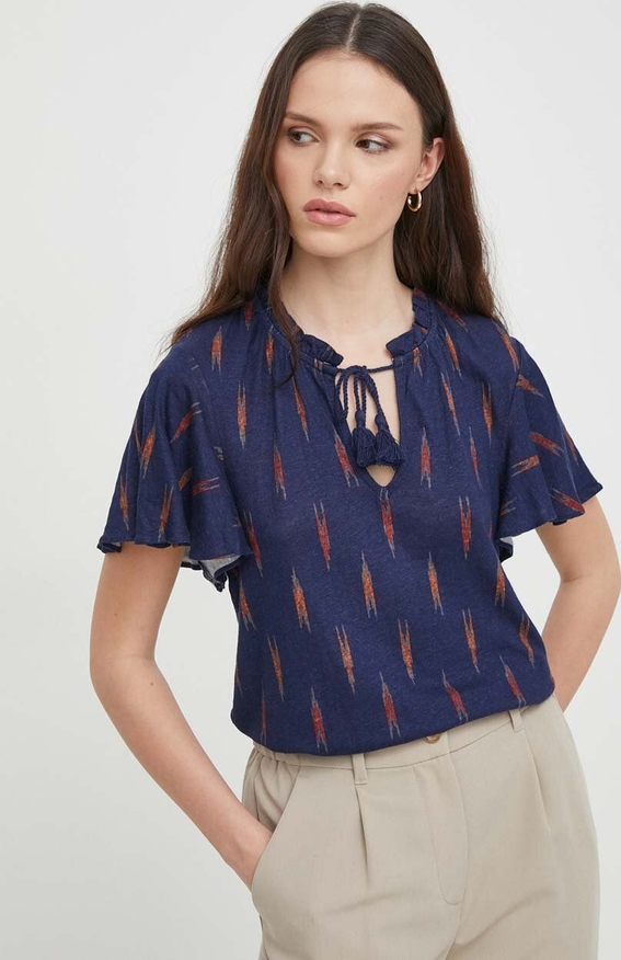 Granatowa bluzka Ralph Lauren z lnu w stylu casual z krótkim rękawem