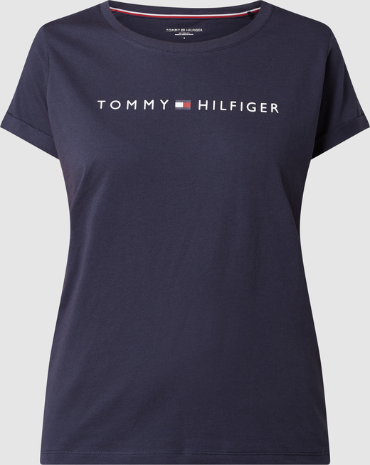 Granatowa bluzka Tommy Hilfiger w młodzieżowym stylu z okrągłym dekoltem z krótkim rękawem