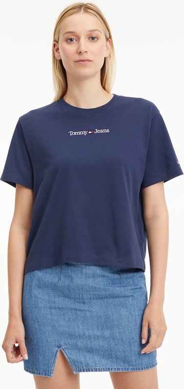 Granatowa bluzka Tommy Jeans z okrągłym dekoltem z bawełny w stylu casual