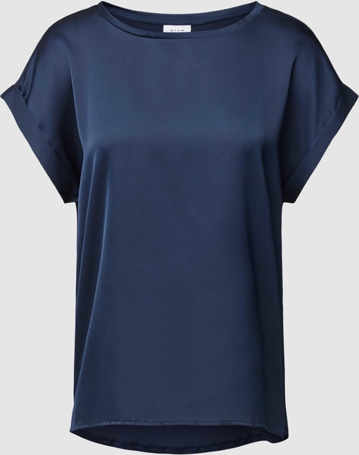 Granatowa bluzka Vila z krótkim rękawem w stylu casual z okrągłym dekoltem
