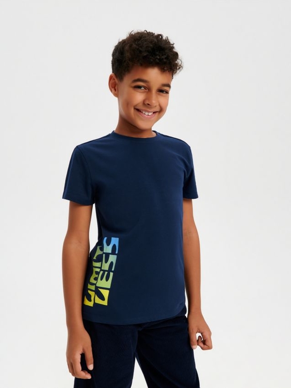 Granatowa koszulka dziecięca Sinsay z bawełny dla chłopców z krótkim rękawem