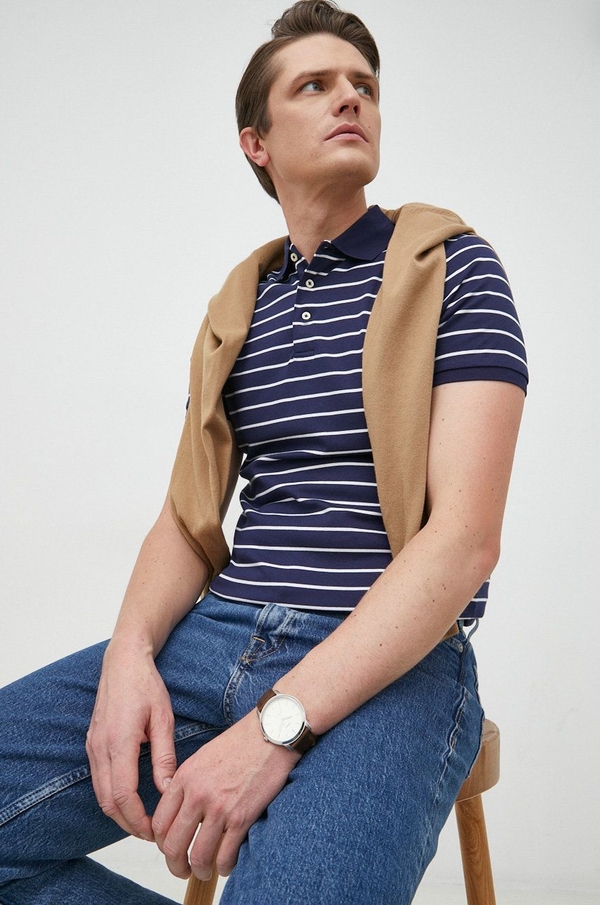 Granatowa koszulka polo POLO RALPH LAUREN w stylu casual z dzianiny z krótkim rękawem