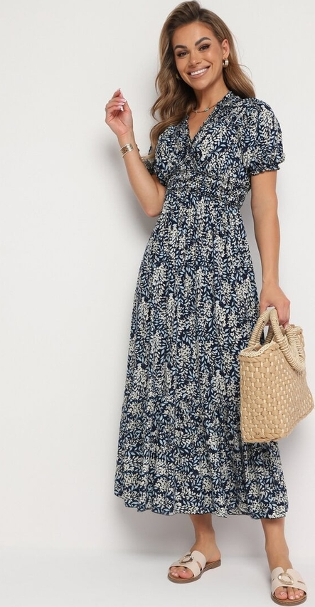 Granatowa sukienka born2be maxi z dekoltem w kształcie litery v