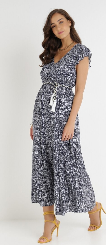 Granatowa sukienka born2be z dekoltem w kształcie litery v z tkaniny maxi