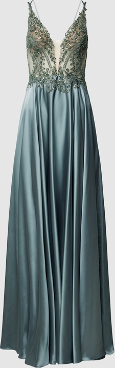 Granatowa sukienka Luxuar Fashion z satyny z dekoltem w kształcie litery v