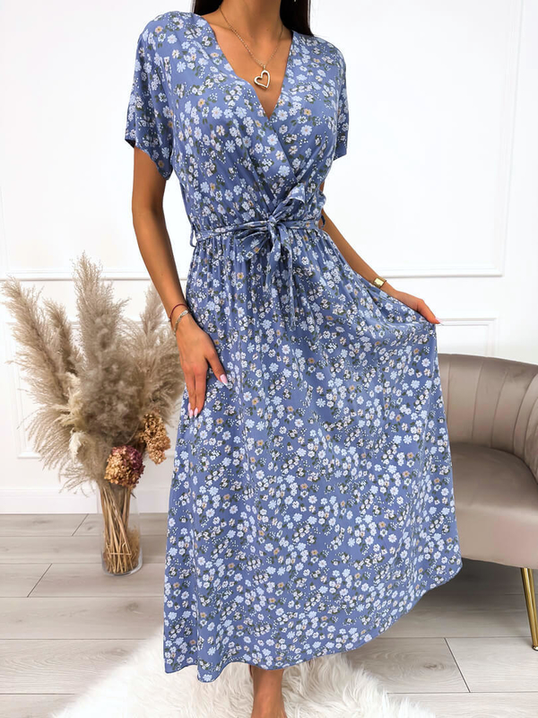 Granatowa sukienka ModnaKiecka.pl z dekoltem w kształcie litery v w stylu klasycznym z krótkim rękawem