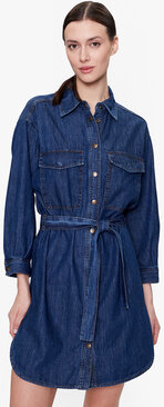 Granatowa sukienka Sisley koszulowa z jeansu z długim rękawem
