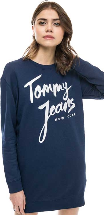 Granatowa sukienka Tommy Jeans oversize z okrągłym dekoltem z długim rękawem