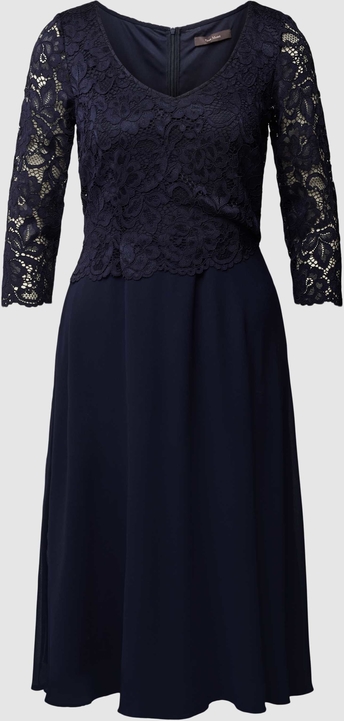 Granatowa sukienka Vera Mont rozkloszowana z długim rękawem z szyfonu