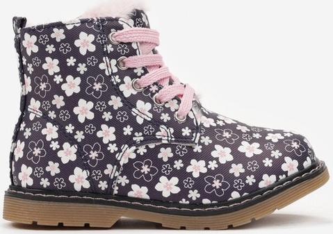 Granatowe buty dziecięce zimowe born2be w kwiatki