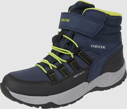 Granatowe buty dziecięce zimowe Geox sznurowane ze skóry ekologicznej