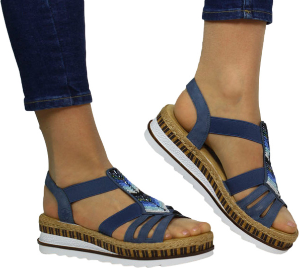 Granatowe sandały Rieker z klamrami w stylu casual na koturnie