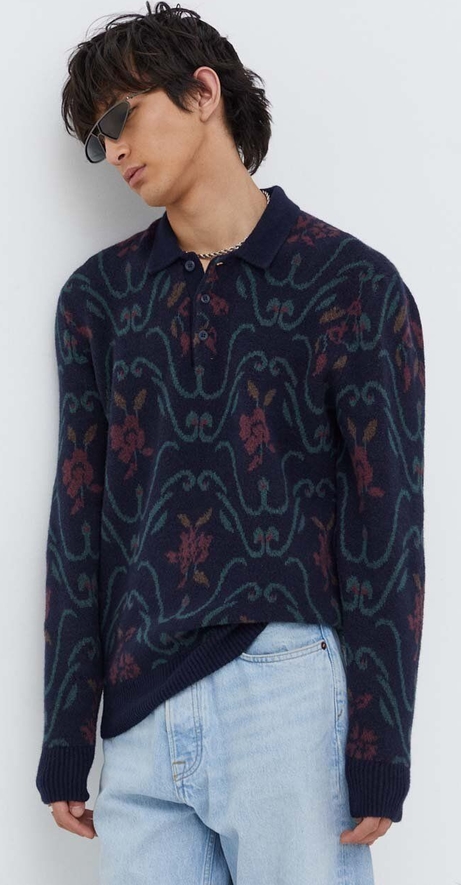 Granatowy sweter Abercrombie & Fitch ze stójką w młodzieżowym stylu