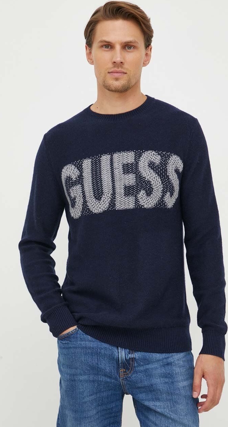 Granatowy sweter Guess z okrągłym dekoltem