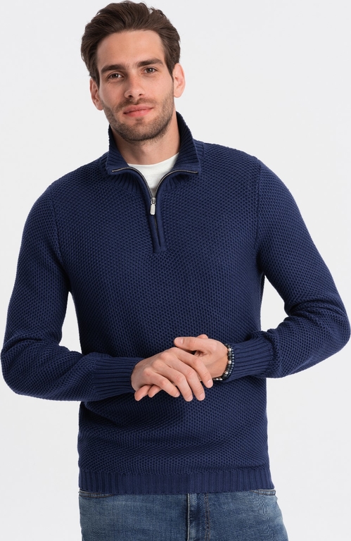 Granatowy sweter Ombre w stylu casual ze stójką z bawełny