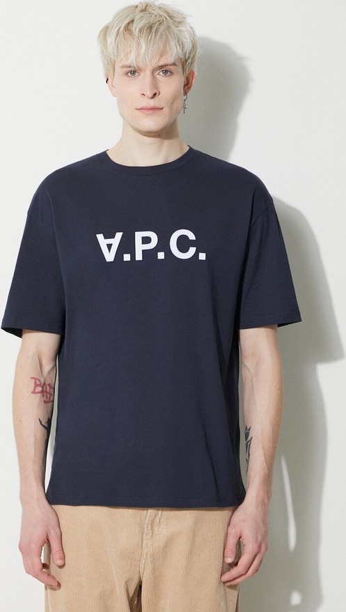 Granatowy t-shirt A.P.C. z krótkim rękawem z bawełny z nadrukiem