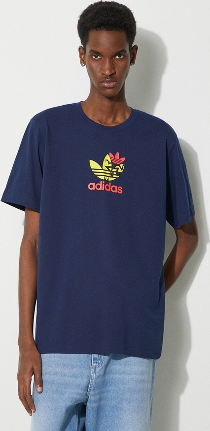 Granatowy t-shirt Adidas Originals w sportowym stylu z bawełny z nadrukiem