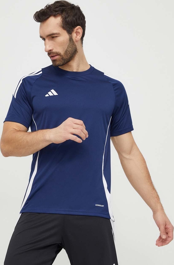 Granatowy t-shirt Adidas Performance w sportowym stylu z krótkim rękawem
