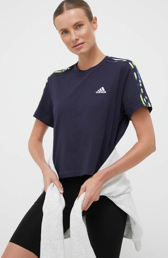 Granatowy t-shirt Adidas z krótkim rękawem z okrągłym dekoltem