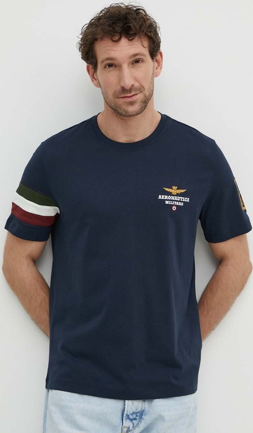 Granatowy t-shirt Aeronautica Militare z bawełny z krótkim rękawem w stylu casual