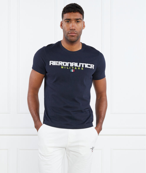 Granatowy t-shirt Aeronautica Militare z krótkim rękawem z bawełny w młodzieżowym stylu