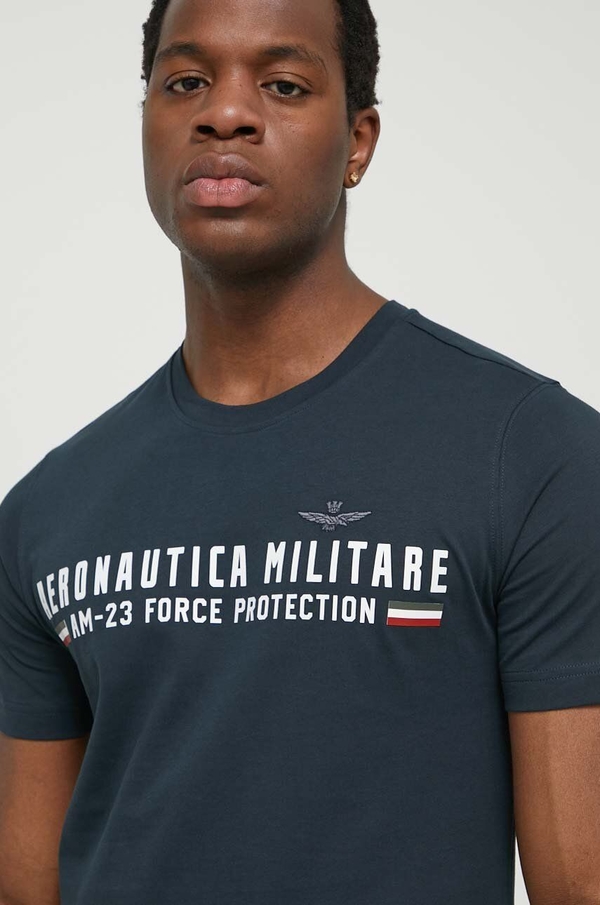 Granatowy t-shirt Aeronautica Militare z nadrukiem z krótkim rękawem z bawełny