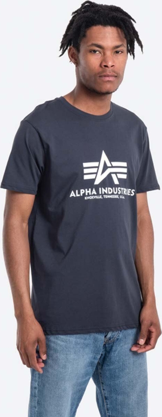 Granatowy t-shirt Alpha Industries z krótkim rękawem z bawełny z nadrukiem