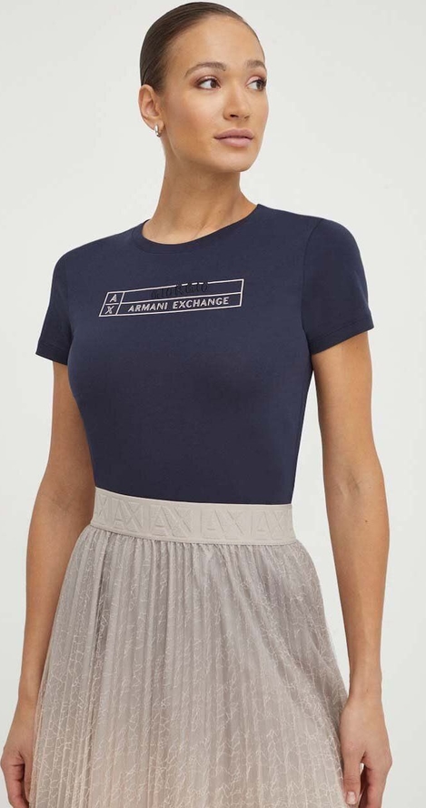 Granatowy t-shirt Armani Exchange z krótkim rękawem z bawełny z okrągłym dekoltem