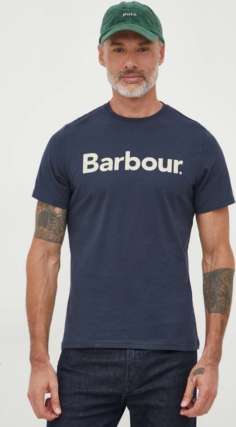 Granatowy t-shirt Barbour z krótkim rękawem z bawełny z nadrukiem