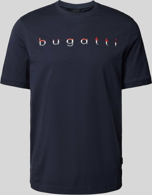 Granatowy t-shirt Bugatti z nadrukiem z krótkim rękawem
