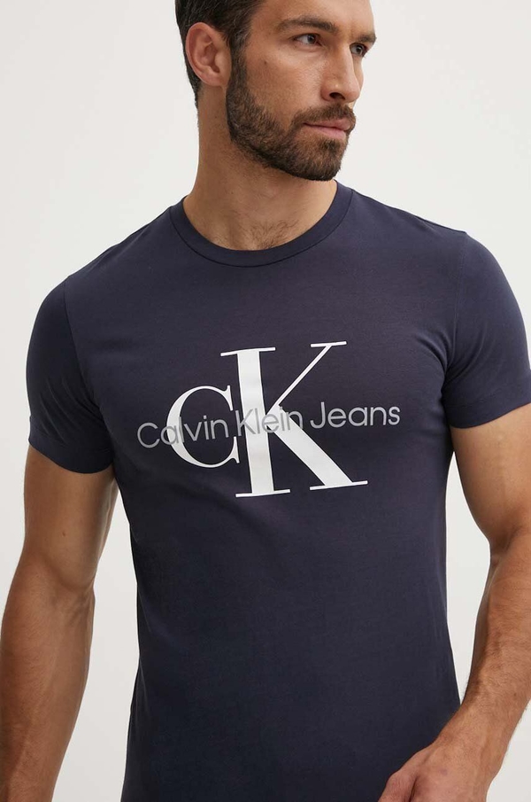 Granatowy t-shirt Calvin Klein z nadrukiem w młodzieżowym stylu z bawełny