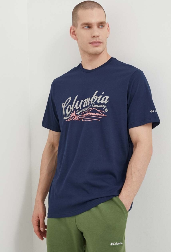 Granatowy t-shirt Columbia w sportowym stylu z bawełny