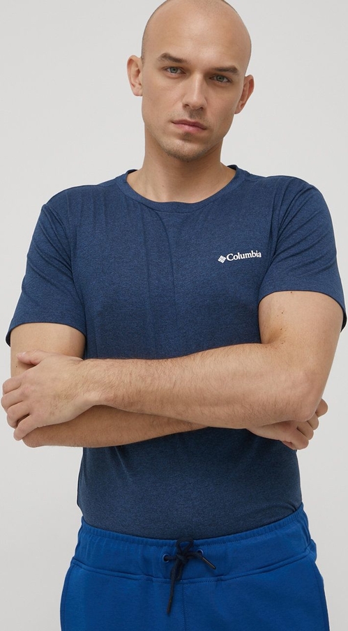 Granatowy t-shirt Columbia w sportowym stylu z nadrukiem z krótkim rękawem