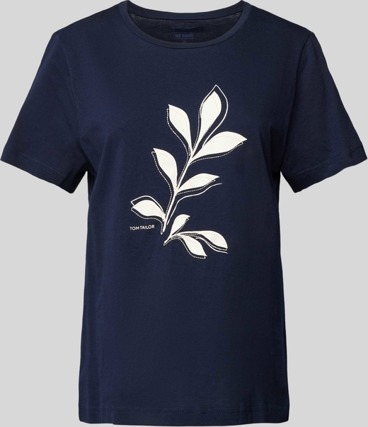 Granatowy t-shirt Essentiel z krótkim rękawem w młodzieżowym stylu z nadrukiem