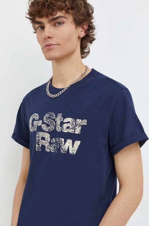 Granatowy t-shirt G-Star Raw w młodzieżowym stylu z bawełny z nadrukiem