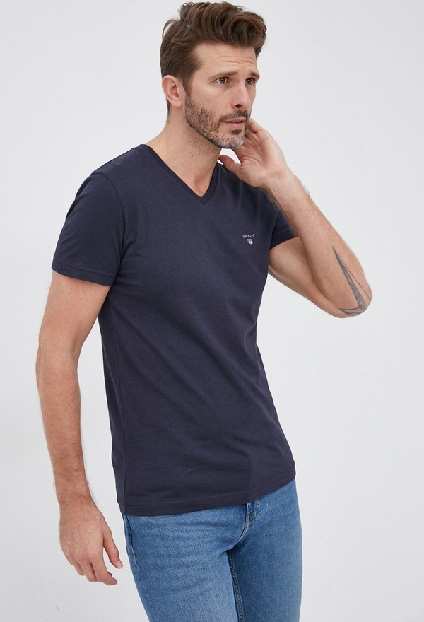 Granatowy t-shirt Gant z krótkim rękawem z bawełny