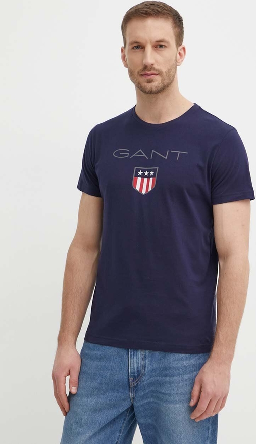 Granatowy t-shirt Gant z krótkim rękawem z nadrukiem z bawełny