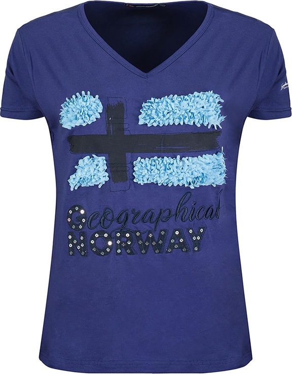 Granatowy t-shirt Geographical Norway z bawełny z dekoltem w kształcie litery v