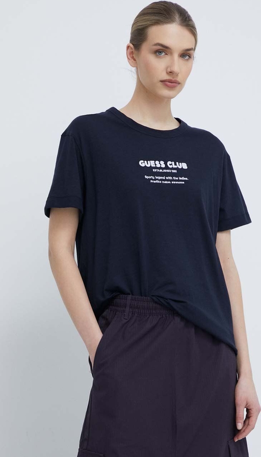 Granatowy t-shirt Guess w młodzieżowym stylu z krótkim rękawem z okrągłym dekoltem