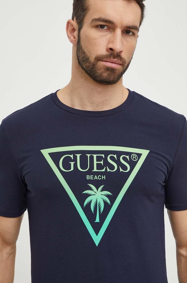 Granatowy t-shirt Guess z bawełny z krótkim rękawem w młodzieżowym stylu