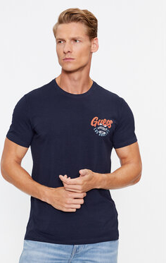 Granatowy t-shirt Guess z krótkim rękawem w młodzieżowym stylu