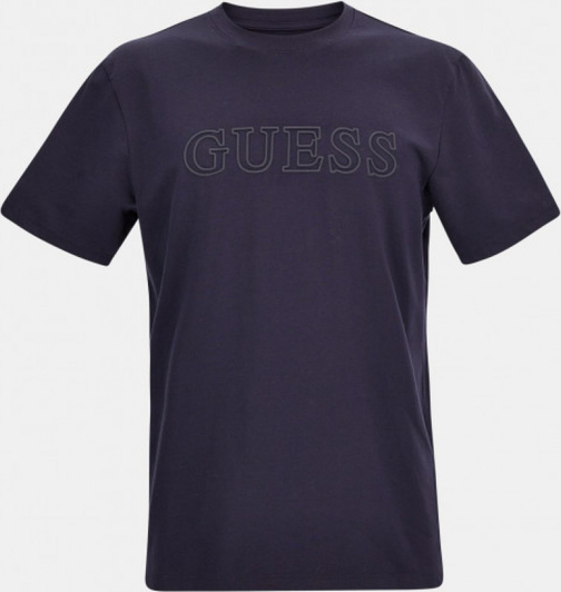 Granatowy t-shirt Guess z krótkim rękawem w młodzieżowym stylu z nadrukiem