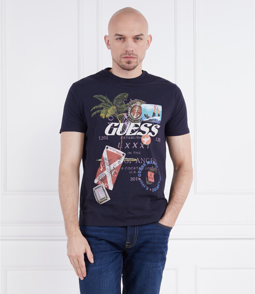 Granatowy t-shirt Guess z krótkim rękawem z nadrukiem