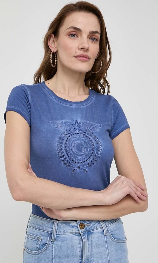 Granatowy t-shirt Guess z krótkim rękawem z okrągłym dekoltem