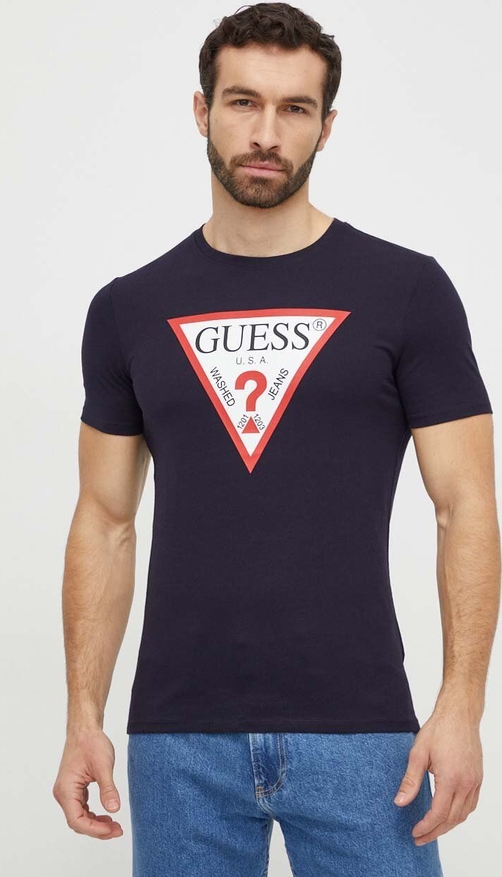 Granatowy t-shirt Guess z nadrukiem w młodzieżowym stylu