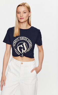 Granatowy t-shirt Guess z okrągłym dekoltem