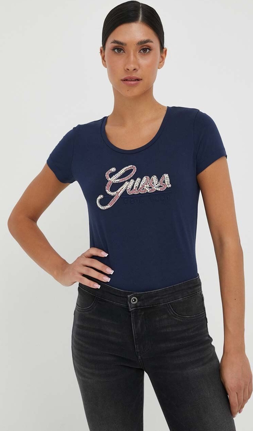 Granatowy t-shirt Guess z okrągłym dekoltem z bawełny w młodzieżowym stylu