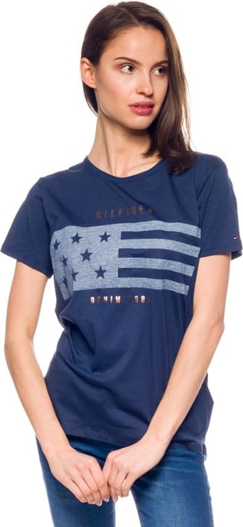 Granatowy t-shirt Hilfiger Denim z okrągłym dekoltem w młodzieżowym stylu