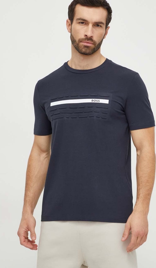 Granatowy t-shirt Hugo Boss w młodzieżowym stylu z nadrukiem
